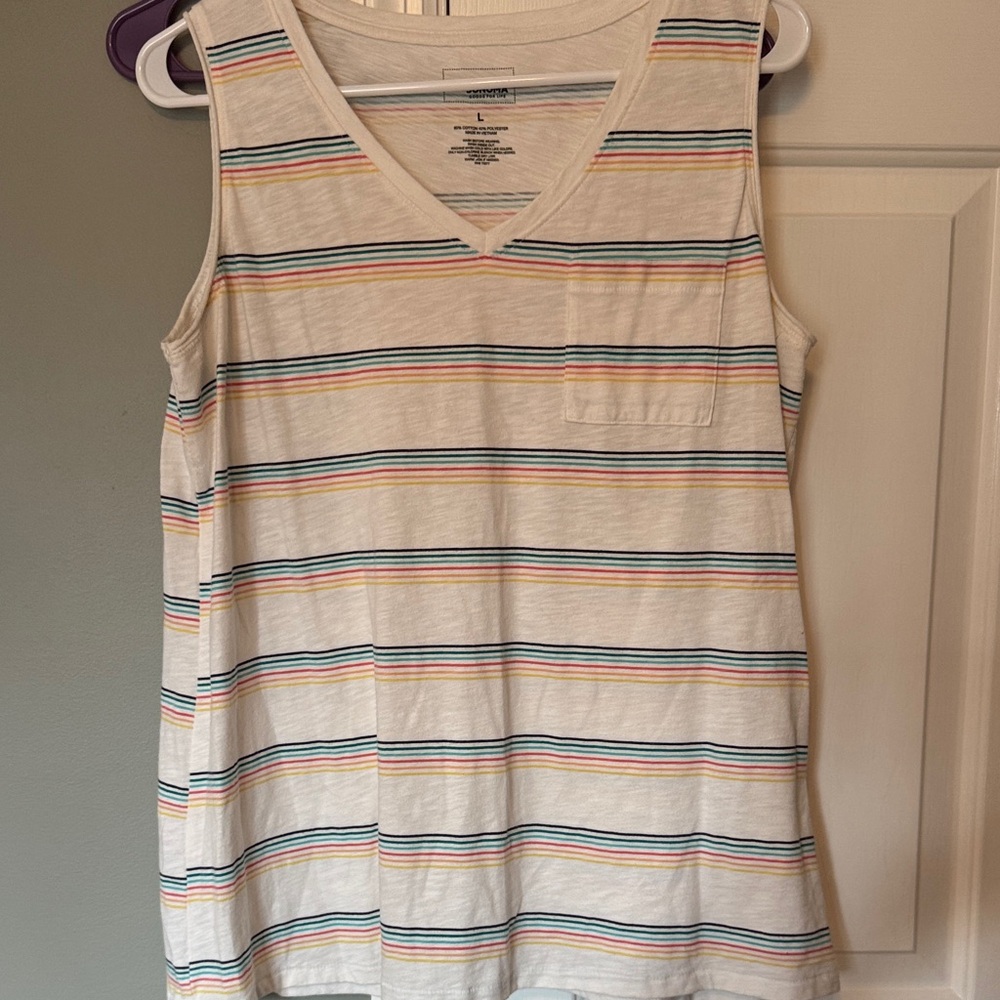 Women's Striped V-Neck Tank Top - White with Multicolor Stripes